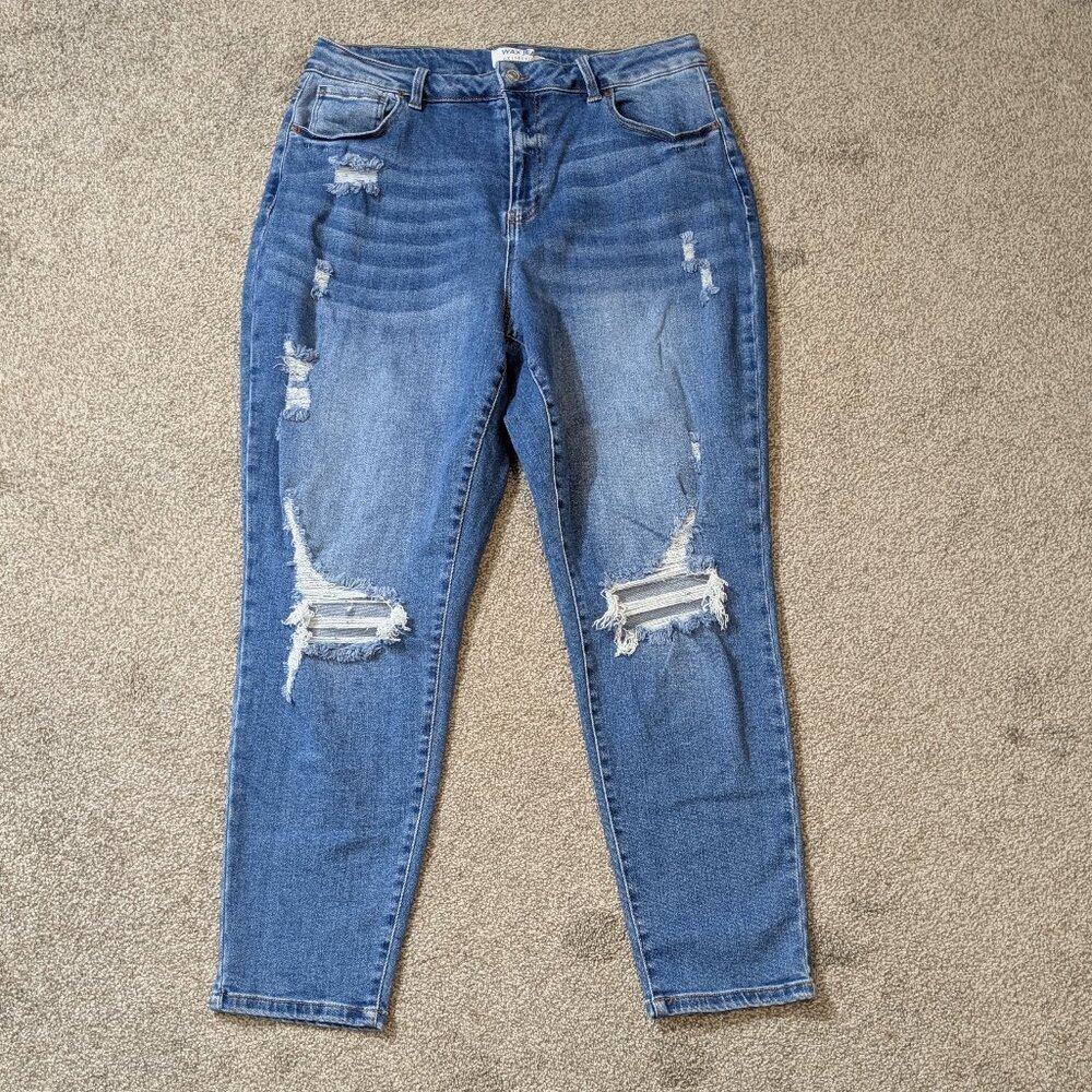 WAX JEAN, Blue Stretch Denim High Rise Slim Fit Distressed Jeans; Size 16